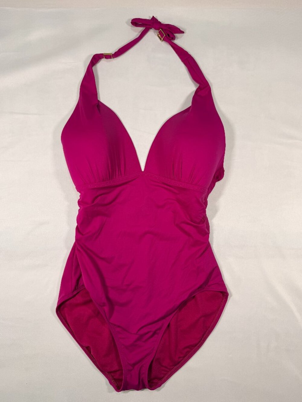 Lauren Ralph Lauren One Piece Swimsuit Size 12 Magenta Halter Ruched Gold